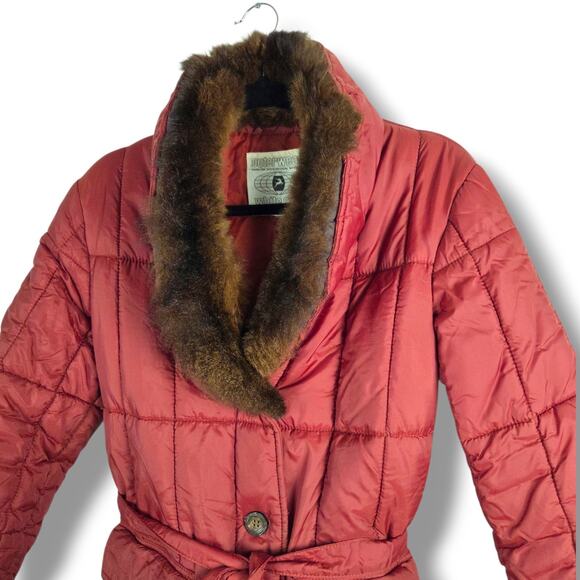 Vintage Quilted Jacket Womens Size 12 Real Fur Collar Long Rust Burnt Red Belted - Picture 4 of 11
